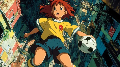 Fearless street football girl soaring between tall towers.