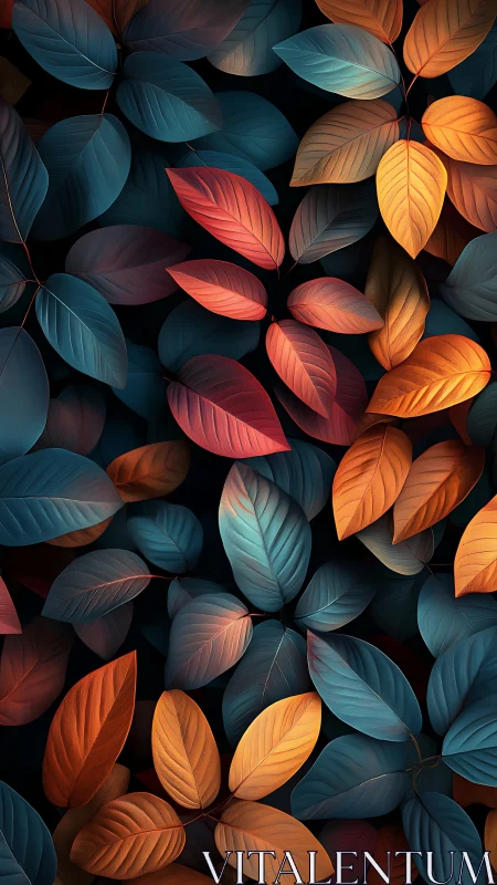 Glowing autumn leaves rest gently over deep teal foliage