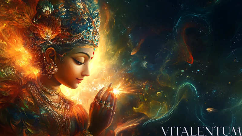 Celestial goddess in glowing prayer amid swirling cosmos.