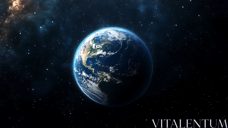 Our blue home drifting softly through quiet starlit space.