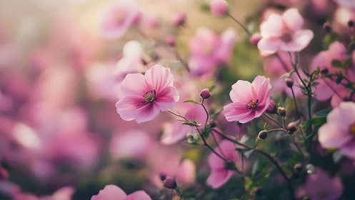 Pink Cosmos Flowers in Soft Focus Field.