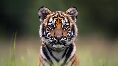 Tiger cub portrait faces camera in soft green meadow