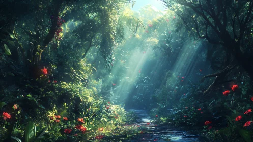 Mystical Forest Path with Luminescent Rays and Red Blooms.