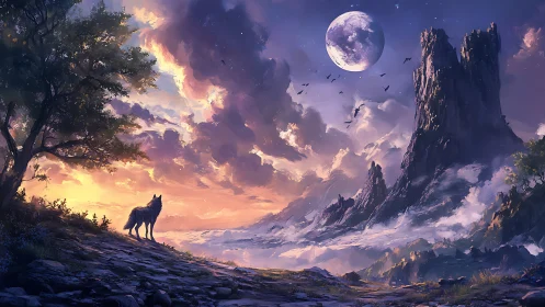 Lone wolf surveying luminescent lunar mountain skyline.