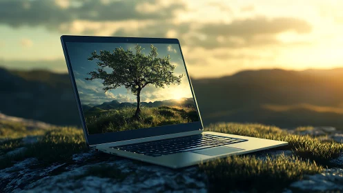 Laptop on rocky ground displays lone tree in sharp focus