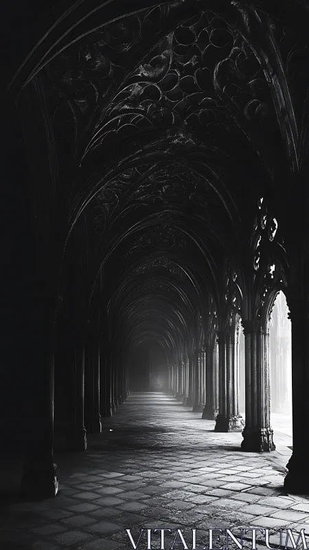Gothic stone corridor receding into misty white light.