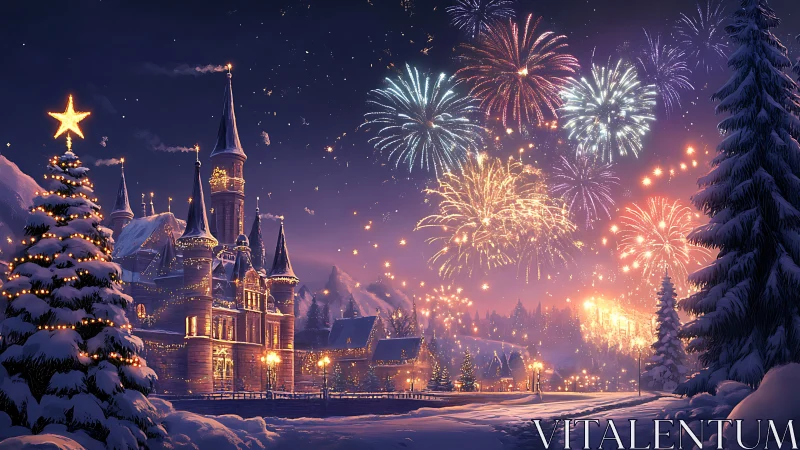 Snowlit castle town under festive winter fireworks display.