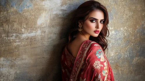 Elegant woman in red embroidered sari against rustic wall.