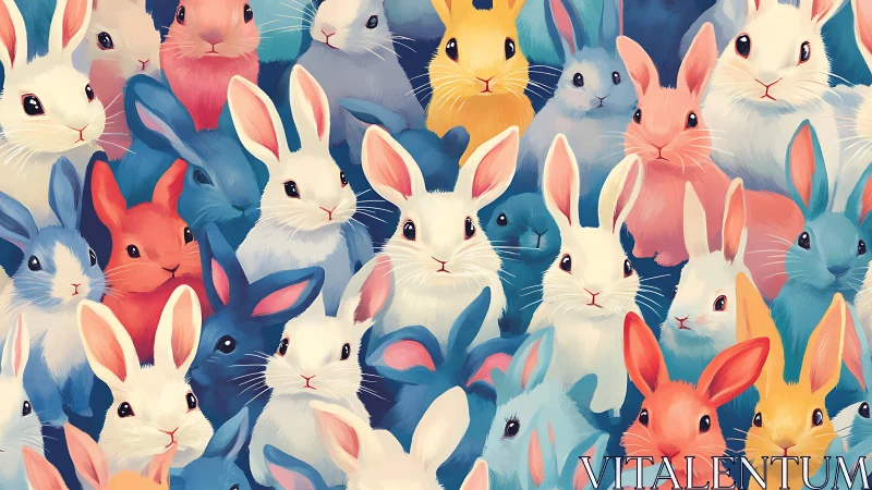 Colorful rabbit crowd forms dense pastel portrait wall