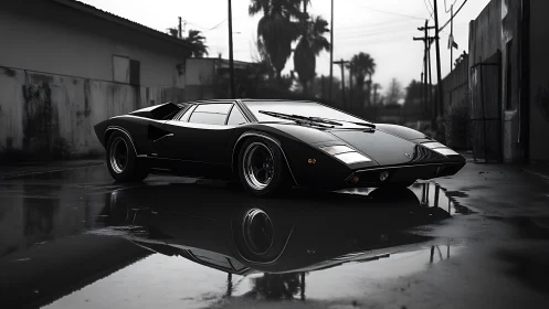 Low-slung black supercar reflects on wet asphalt in moody alley