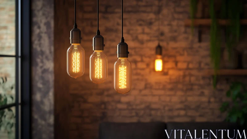 Hanging filament bulbs in front of brick interior wall.