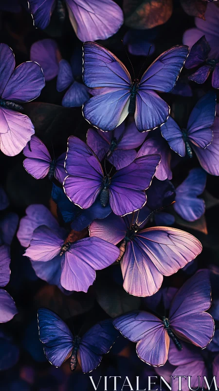 Violet butterflies cluster in soft-focus macro composition