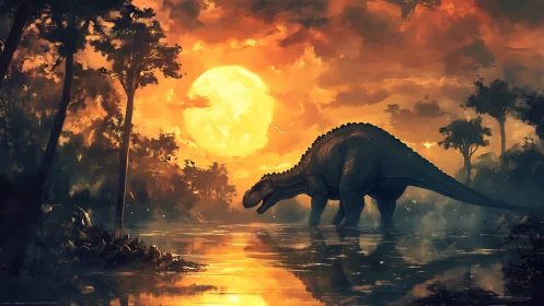 Sauropod dinosaur crosses primeval river at fiery sunset