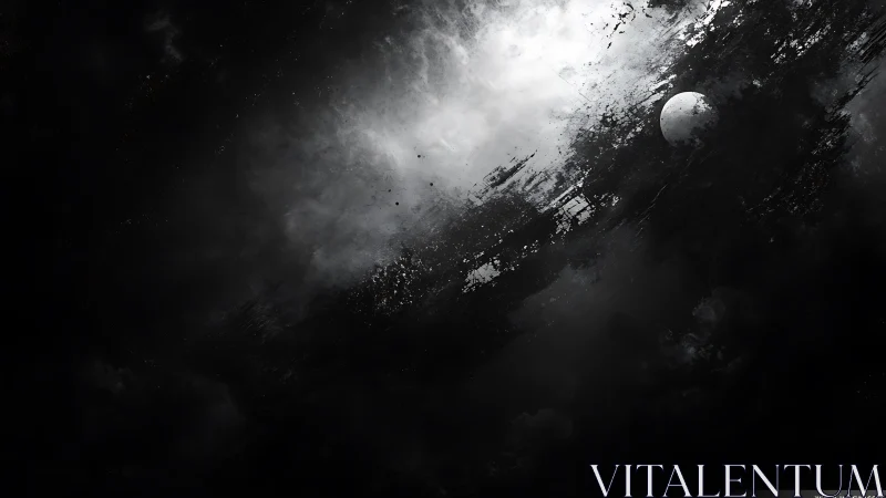 Dark lunar void sliced by abstract cosmic light streaks.