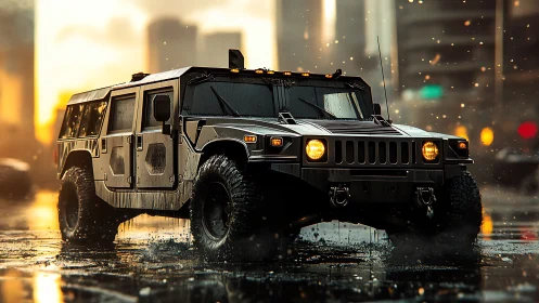 Armored SUV drives through wet urban street at sunset