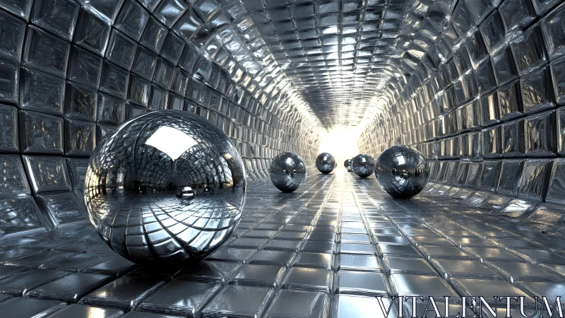Chrome spheres in reflective metallic tunnel perspective.