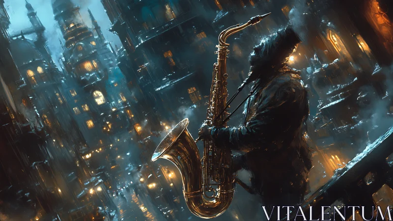 Hooded saxophonist plays under glowing lights in snowy city