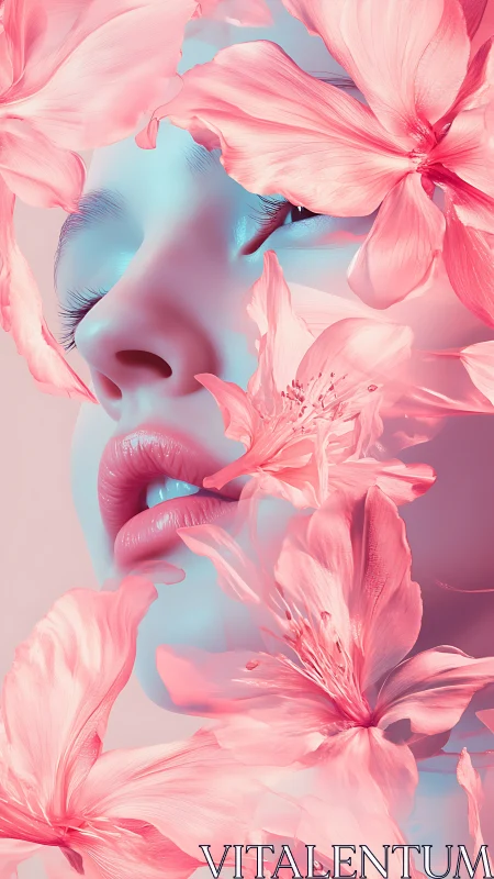 Iridescent portrait merges cyan-lit skin with translucent pink flora