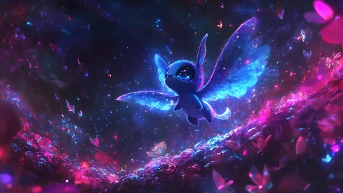 Glowing winged creature flies through neon fantasy forest