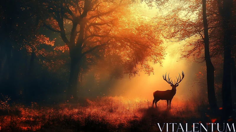 Majestic Deer in Glowing Autumn Forest at Sunrise, Digital Art.