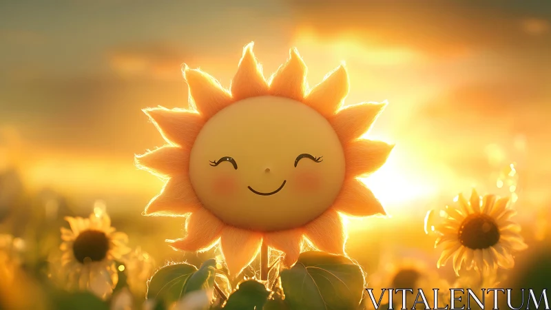 Smiling kawaii sun glows over dreamy sunflower field.