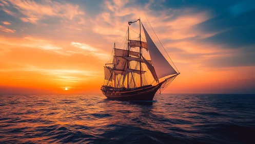Tall ship crosses open sea under vivid burning sunset sky