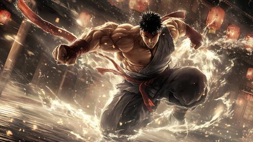 Martial artist unleashes a blazing, water-charged strike.