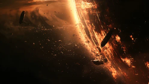 Starships circle a dying world in molten orbital ruin.