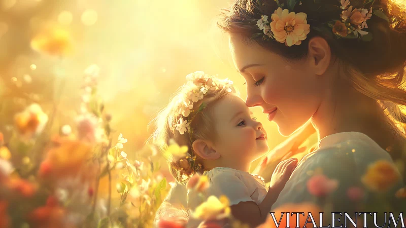 Woman and child positioned in flower field with golden backlighting