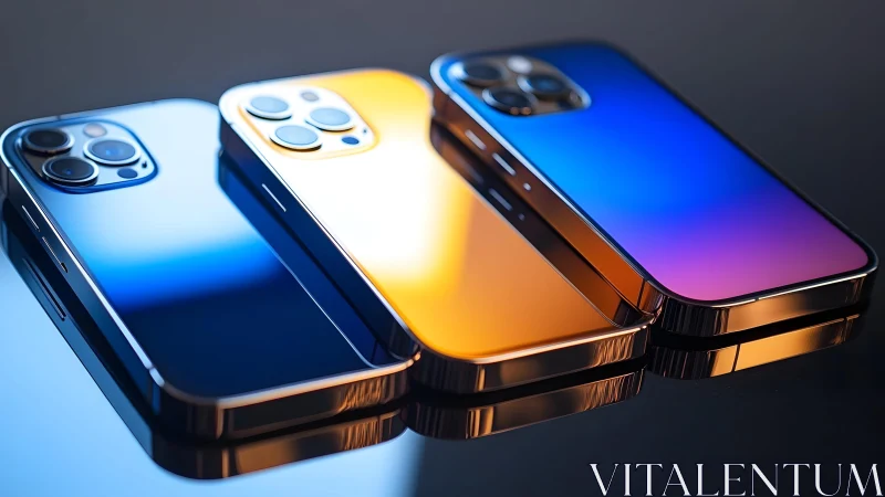 Trio of Modern Smartphones in Vibrant Metallic Colors, Studio Style. Trio of Modern Smartphones in Vibrant Metallic Colors, Studio Style.