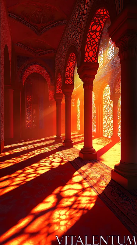 Sunlit arches cast patterned shadows across ornate hall