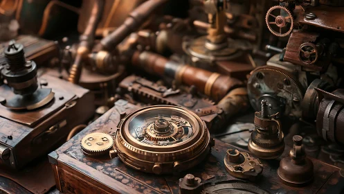 Precision brass mechanisms occupy a densely packed workbench