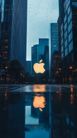 Glowing apple logo brings warm light to a rainy city street