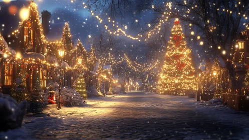 Photorealistic snowy village street with luminous Christmas decor.