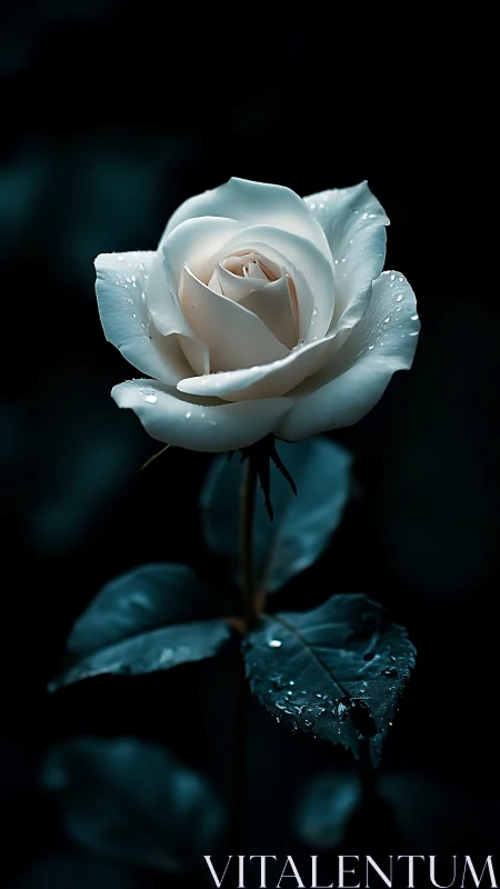 White Rose With Glistening Dewdrops Against Dark Moody Background
