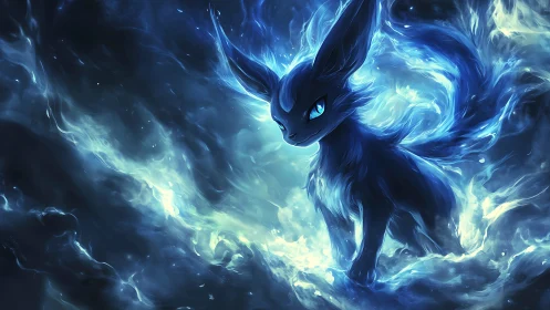 Blue elemental fox in swirling luminous energy field.