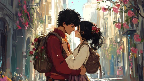 Romantic Urban Couple: Digital Illustration of Two Figures in Flower-Draped Street