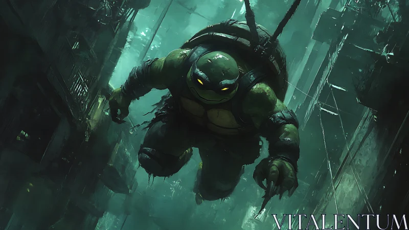 Midnight turtle sentinel dives through neon-soaked alleys