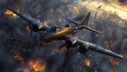 World War II bomber over burning city in heavy combat.