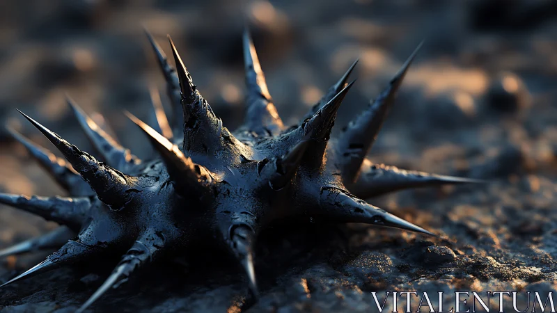 Spiked metallic object rests on rough ground at sunset