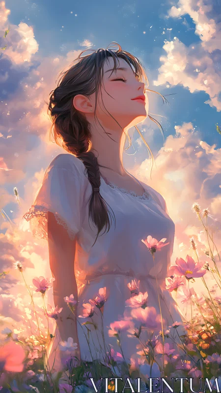 Serene young woman basks in glowing sunset flower meadow