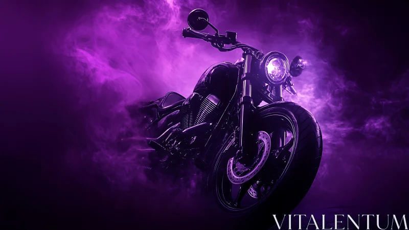 Custom black motorcycle emerges through neon purple fog.
