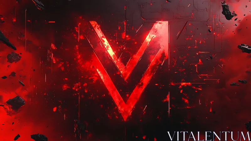 Volcanic V sigil blazing through fractured cosmic metal.