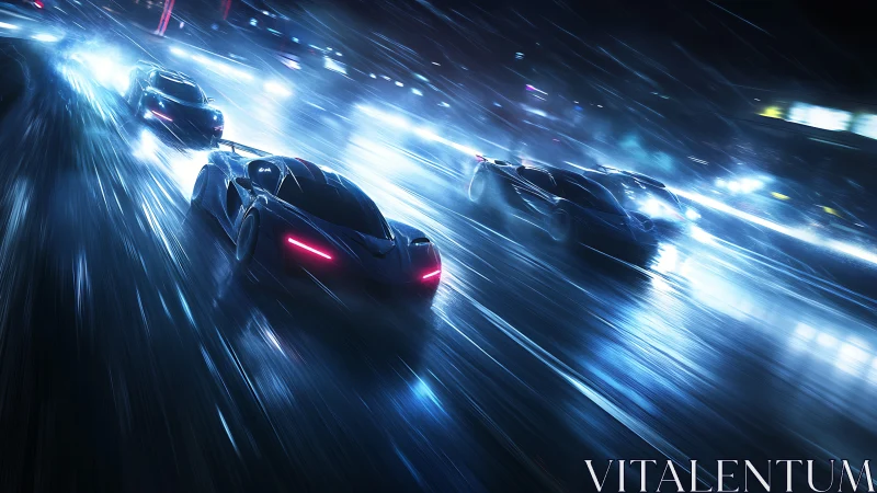 Futuristic supercars racing on wet neon city streets.