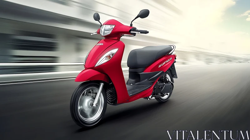 Red city scooter in dynamic motion on blurred highway.