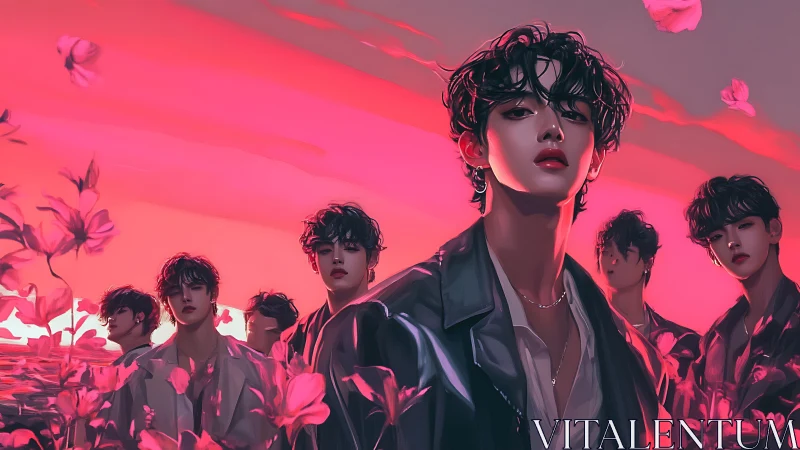 Moody young idols glowing in a dreamlike pink sunset.