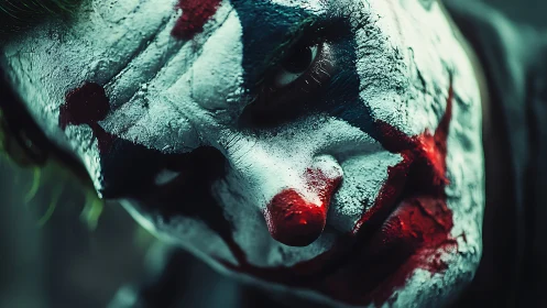 Brooding clown close‑up with cracked paint and feral grin.