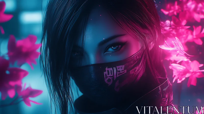 Masked cybernetic kunoichi framed by neon sakura bloom glow