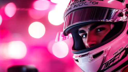 Racer’s quiet focus under neon pink race night lights.