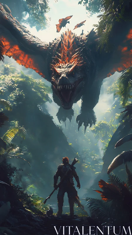 Hunter confronts fire-winged dragon in dense jungle ambush.